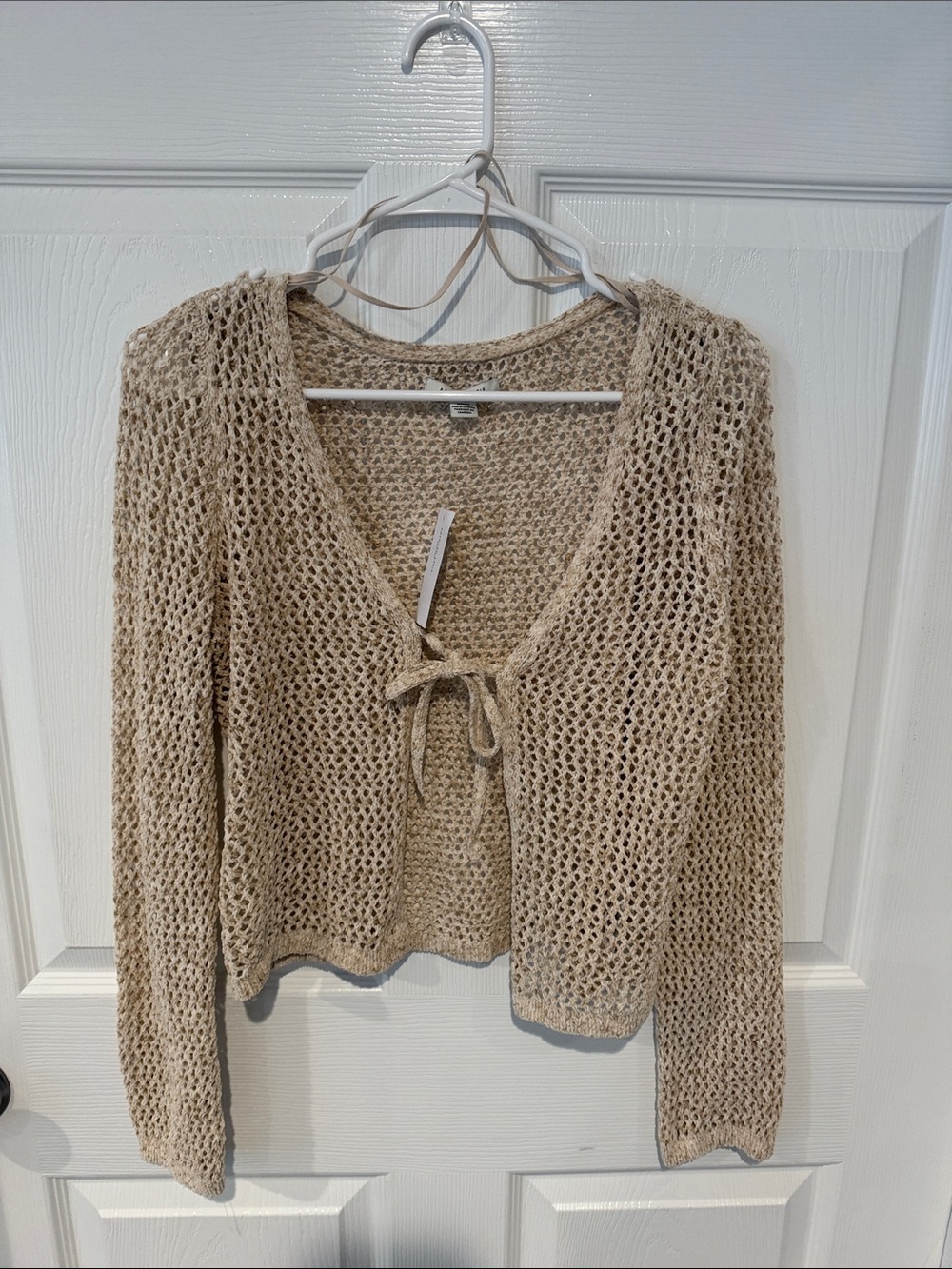 American Eagle Outfitters Open-Knit Tie-Front V-Neck Sweater - Beige